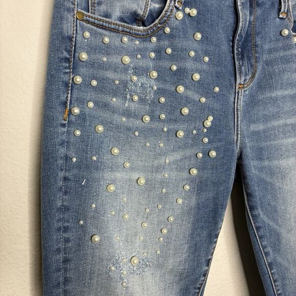 Aqua Pearl Embellished Raw Hem Skinny Jeans 26 - Picture 3 of 8